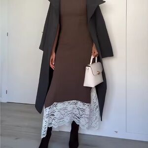 Chic Brown Midi Dress with White Lace NWOT Medium